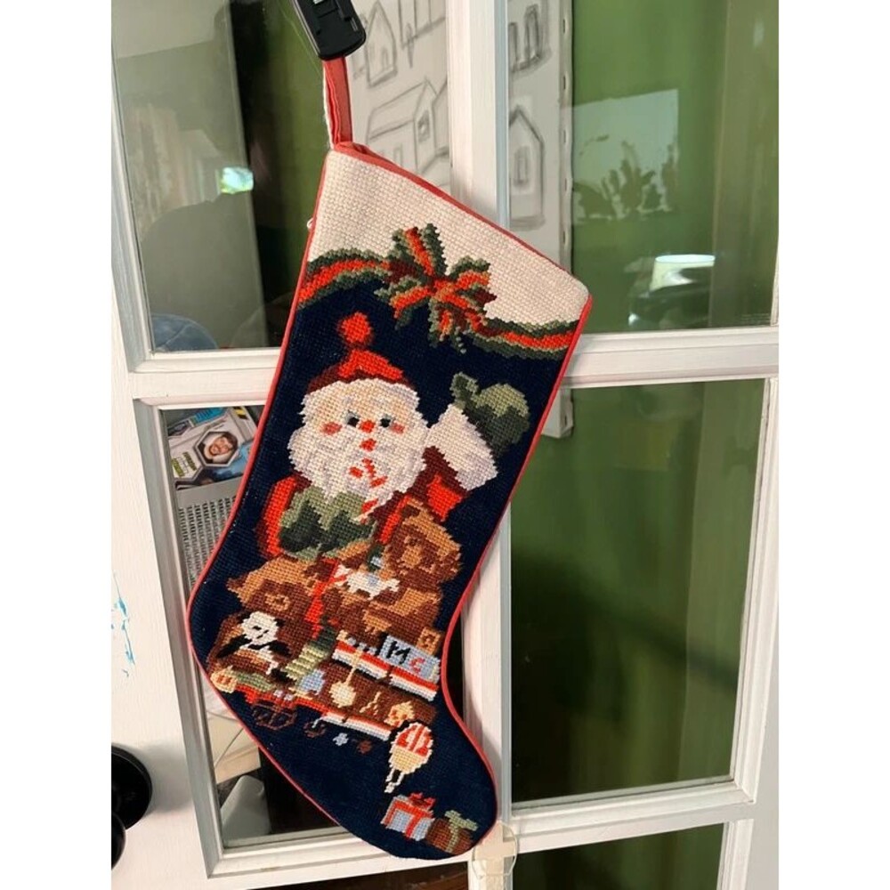 Vintage Handmade Cross Stitch Needlepoint Christmas Stocking